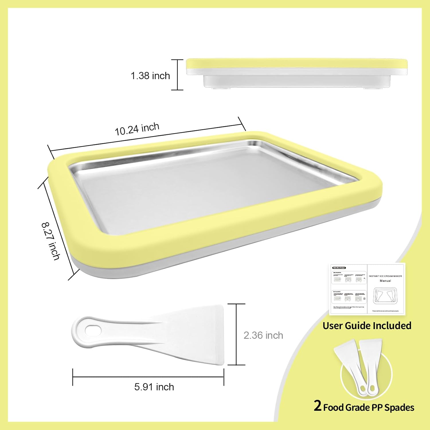 Image showing the dimensions of the ice cream maker and spatulas.