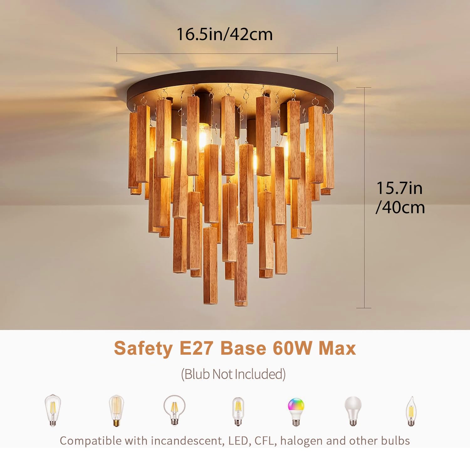Holz Deckenlampe Boho, 40Cm Rustikales Vintage Massivholz Deckenleuchte Dekor Lampe Wohnzimmer Eiche E27 Deckenlampe Wohnzimmer FüR Schlafzimmer, Flur, Esszimmer, Bauernhaus, Eingangsbereich, Foyer