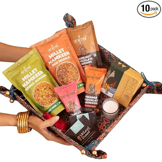Eat Better Co - 11 Item Gift Hamper - Chocolate Coated Nuts, Dry Fruit Choco Laddoos, Millet Mixtures, Candle, Tea, Insence Cones by Phool & more - Anniversary Gift, Birthday Gift, Baby Shower Gifts, Chocolates Gift Pack - Healthy Snacks Combo