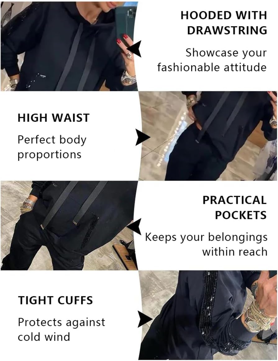 Women's Hooded Long Sequined Casual Suit, Sequin 2 Piece Set Athletic Sets Sweatshirt and Sequin Joggers with Pockets