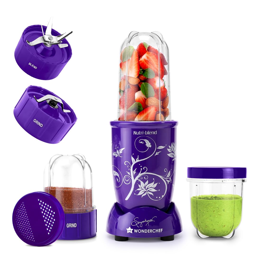 Wonderchef Nutri-blend 500W Mixer Grinder, 22000 RPM Motor, Smoothie Maker, Masala Grinder, Chutney Blender, 3 Unbreakable Jars, Recipe Book by Chef Sanjeev Kapoor, 2 Yr Warranty, Purple