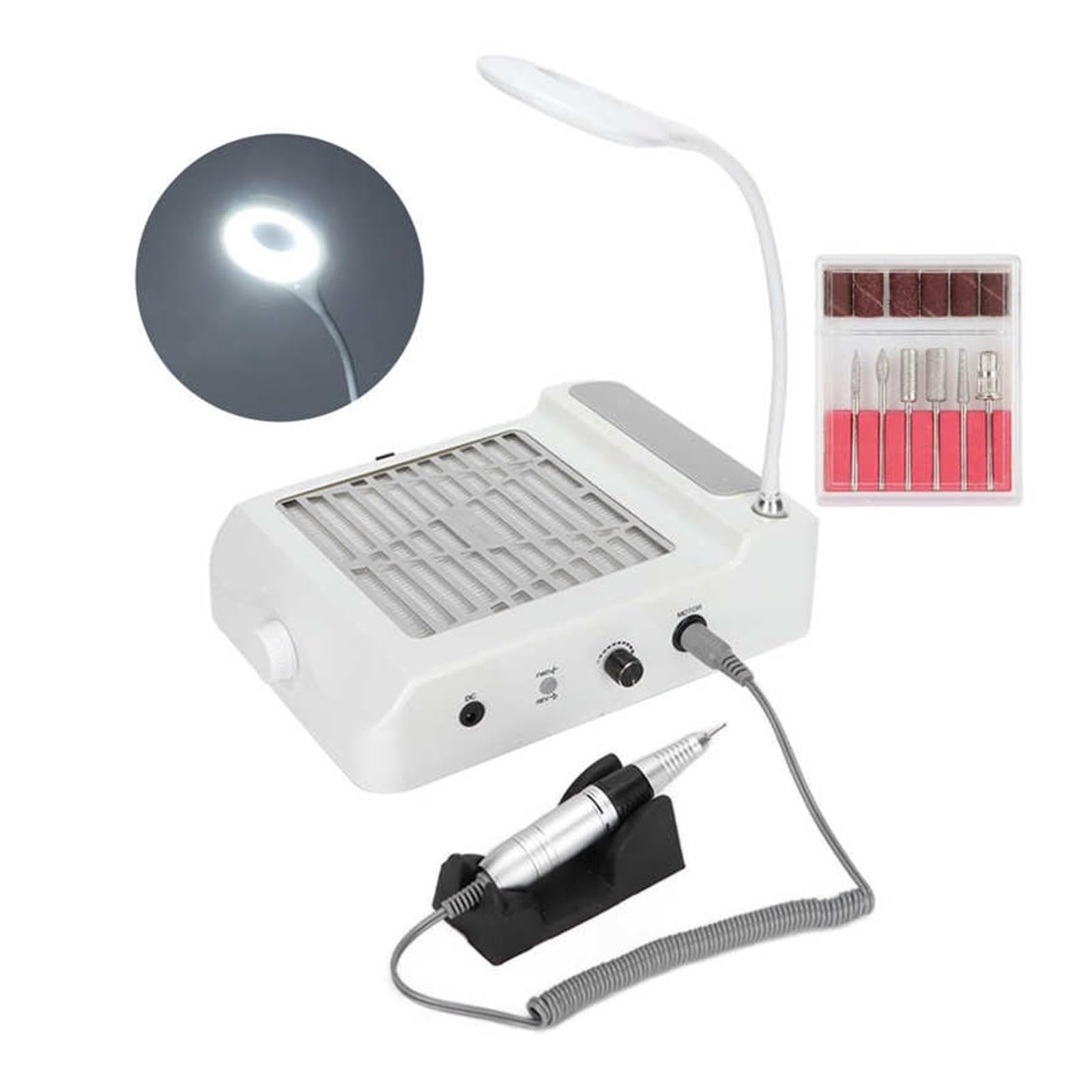 Aspirador Uñas, Colector de polvo de uñas 4 en 1 de 80W, pulidor de l UV, taladros de uñas, lámpara de iluminación, almohadilla de mano, aspiradora, dispositivo de salón de uñas, para colector de pol