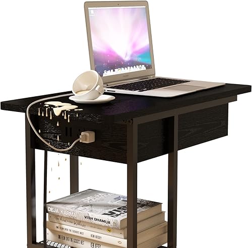 Miniatura 7 de LIDYUK Mesa auxiliar en forma de C con estación de carga, mesa auxiliar abatible con puertos USB y tomas, mesa de sofá con estante de almacenamiento