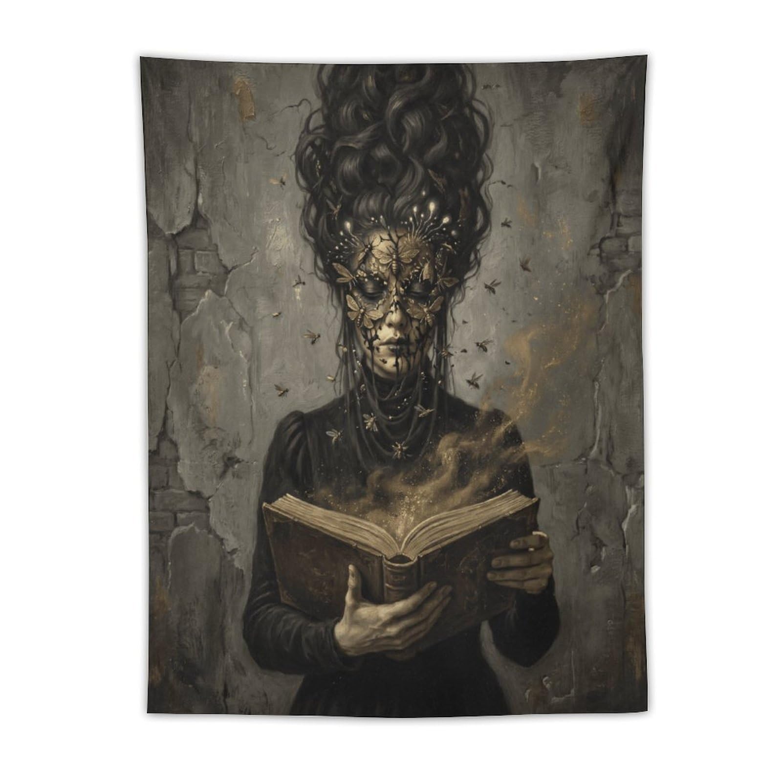 W7C8U2X3 Golden Mask Reader Wall Tapestry, Detailed Illustration