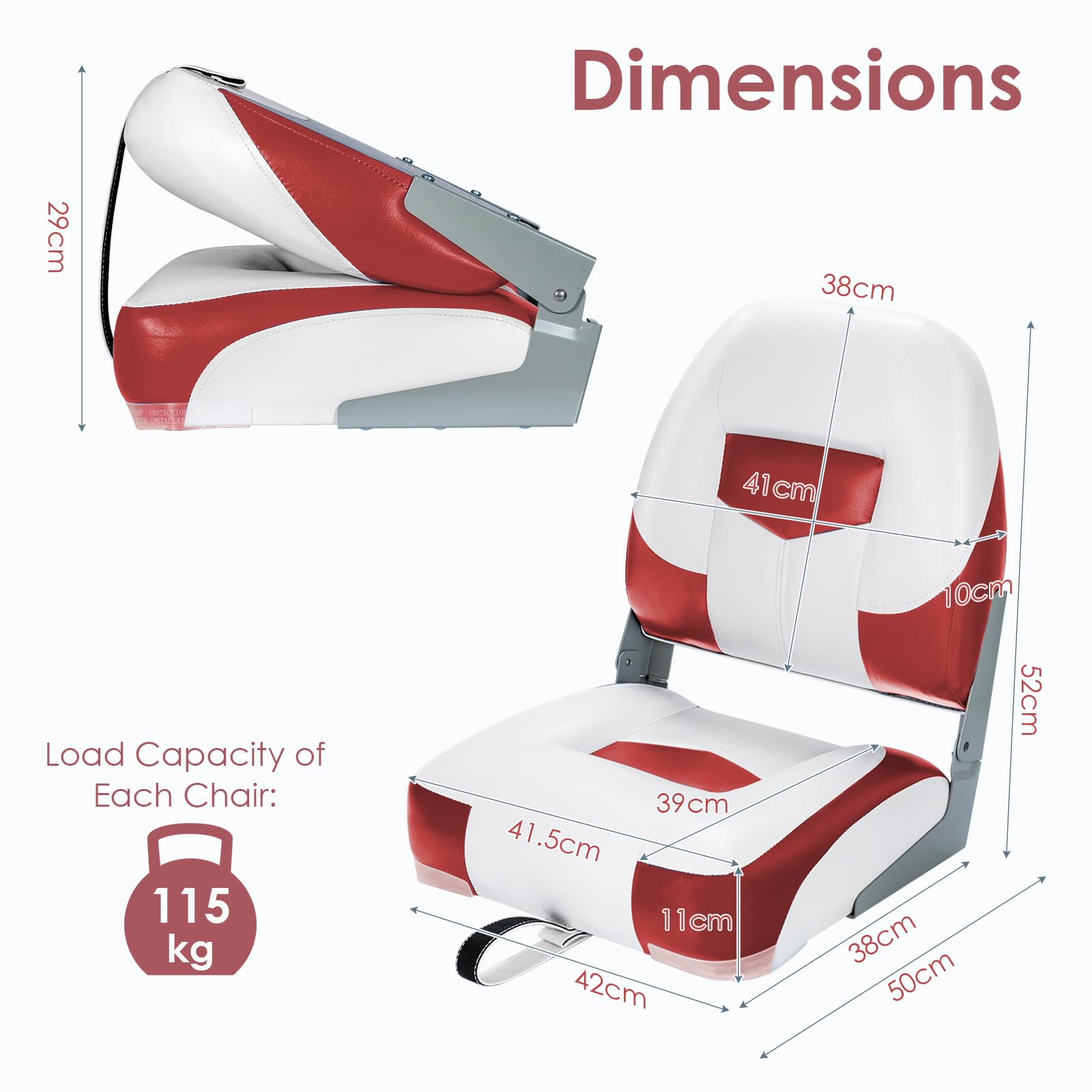 HOMASIS Juego de 2 Asientos de Barco Plegables Ergonómicos con Cuero de PVC Impermeable y Acolchado de Esponja, para Velero Barco de Pesca Yate, Carga de 100 kg, 50 x 52 x 42 cm Rojo