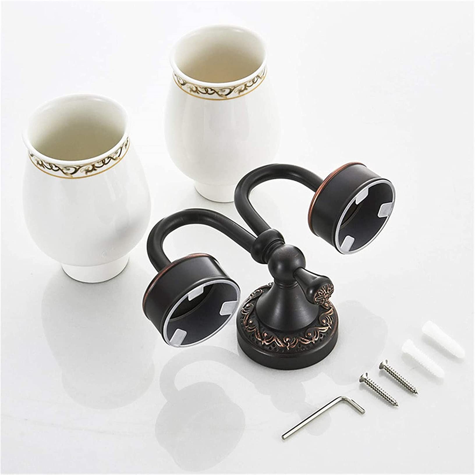 Schwarz Retro Messing Zahnbürstenhalter, Europäischer Stil Wand Geschnitzt Doppelt Keramik Becherhalter, Bronze Finished Mund Becher Halter Anhänger Badezimmer Zubehör