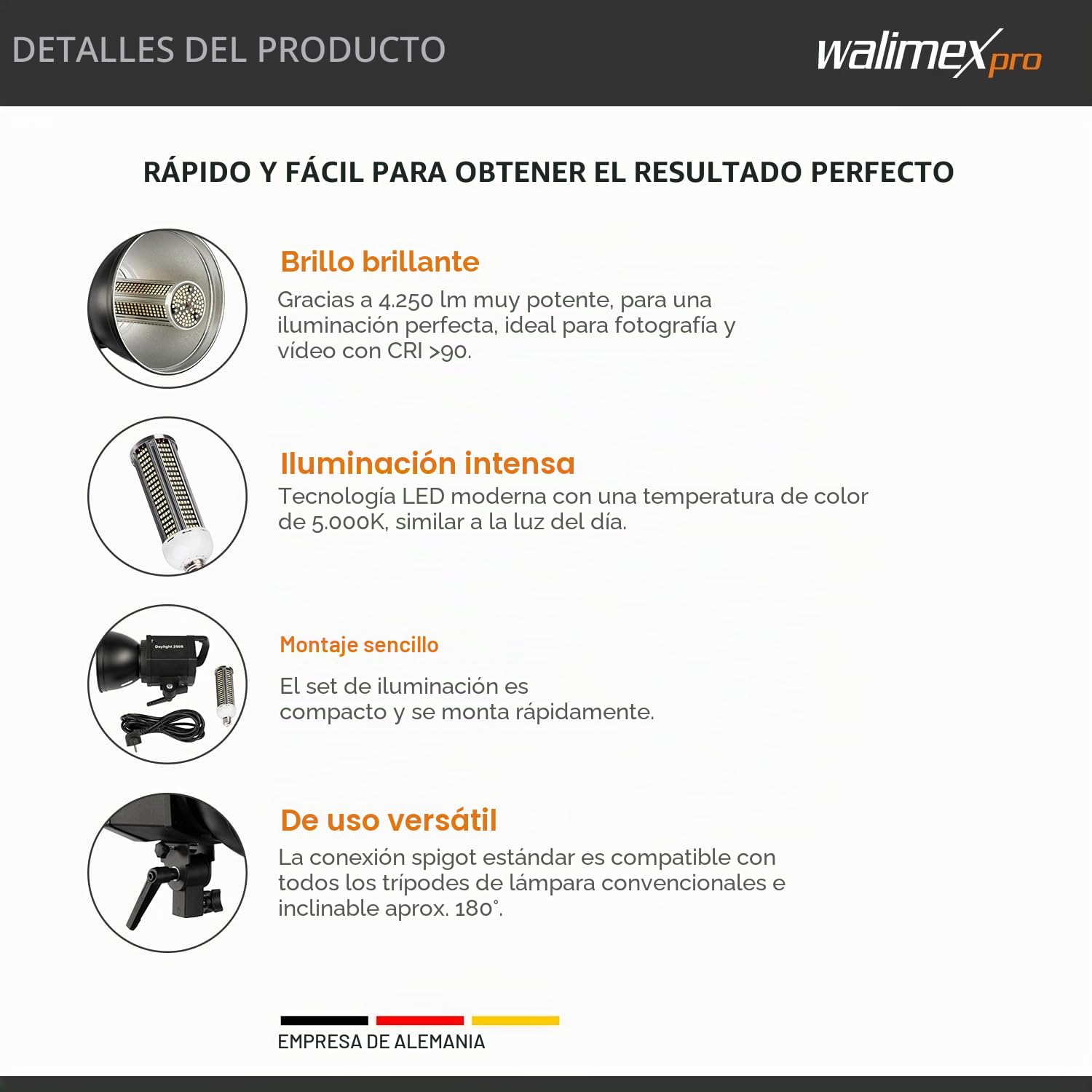 Walimex pro Lámpara de vídeo con tecnología LED Moderna, 5000 K de luz Diurna, CRI 90+, 35 W de Potencia, Incluye Carcasa y Reflector, Ideal para fotografía y vídeo