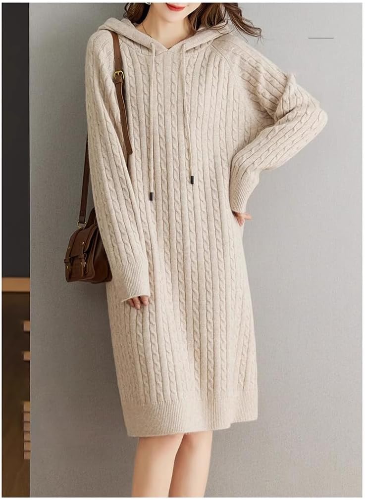 LIXINGHEITANG Women's Hooded Sweater Spring and Autumn mid-Length Wool Dress Winter Cashmere
