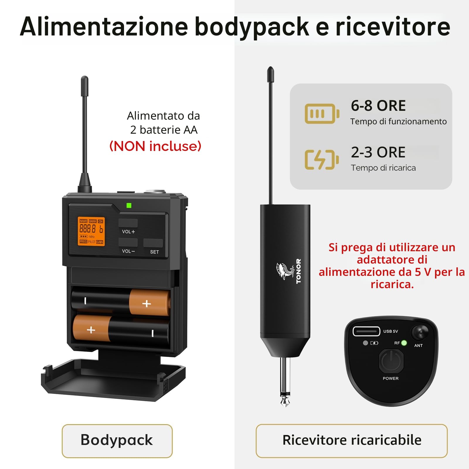 TONOR Microfono Wireless UHF con Archetto e Lavalier Lapel Mic, Bodypack Trasmettitore e Ricevitore Ricaricabile, 60M