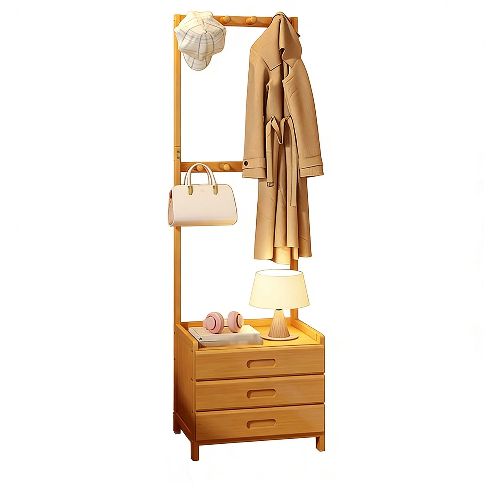 FGXHHS Narrow Hall Tree with Sto 3-Der Bedroom Coat Rack for Hats, Coats, Scarves, Handbags Perfect Entryway, Office, or (Wood)