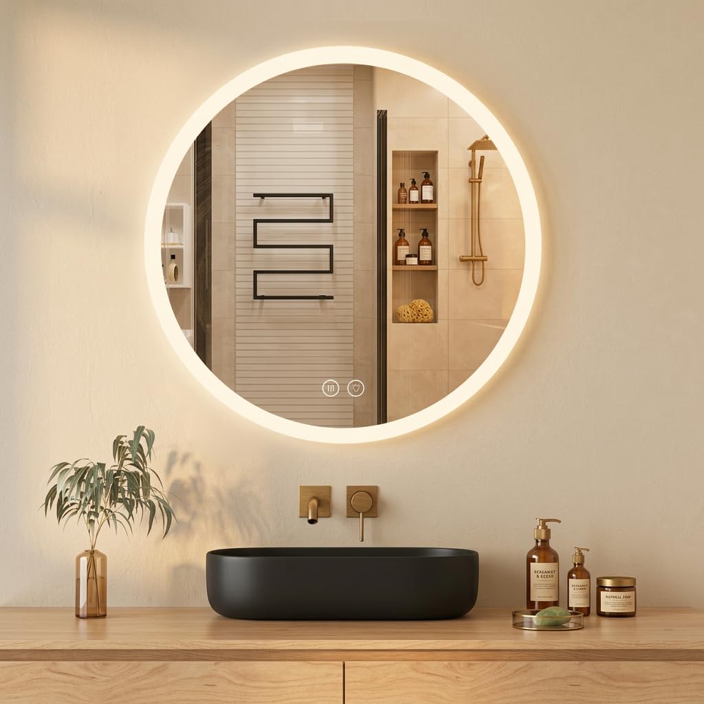 Habison Round Led Bathroom Mirror 600mm, Illuminated Circle Mirrors For Wall, Light Mirror With Anti-Fog, 3 Color Temperature, Dimmable