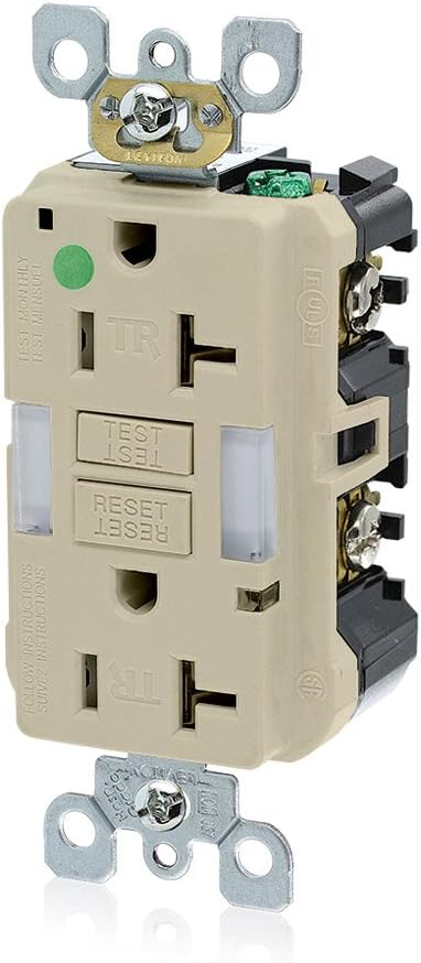 Leviton X7892-HGI Hospital Grade Guide Light Tamper-Resistant Slim GFCI Duplex Receptacle, 20-Amp, Ivory