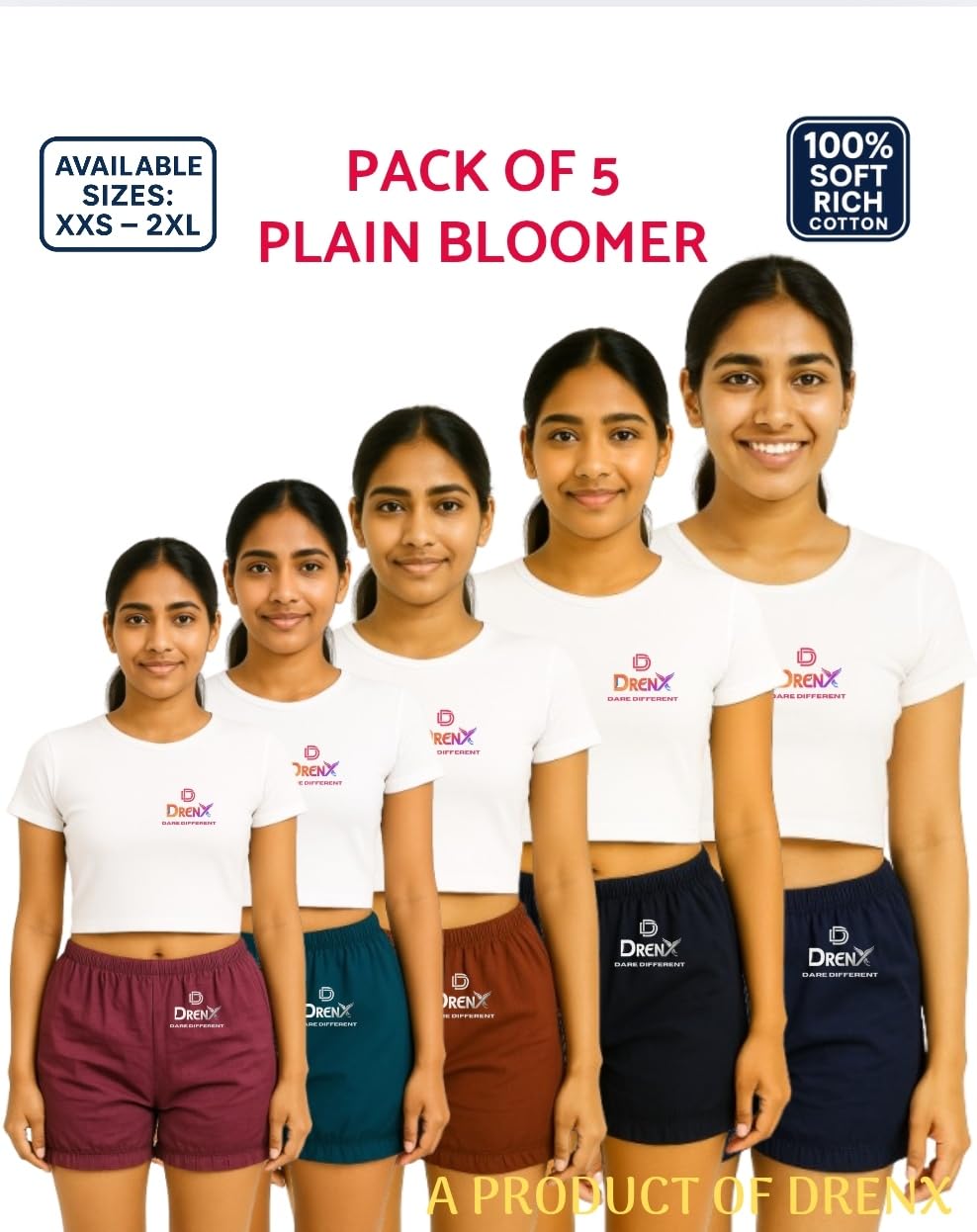 Drenx Women's Cotton Bloomers, Pack of 5, Assorted Colours, Size XXS-2XL | | Full Coverage, 100% Cotton, Hosiery, Mid Waist | Inner Elastic Waistband | Underwear, Innerwear, Boyshorts | Solid-picture-52