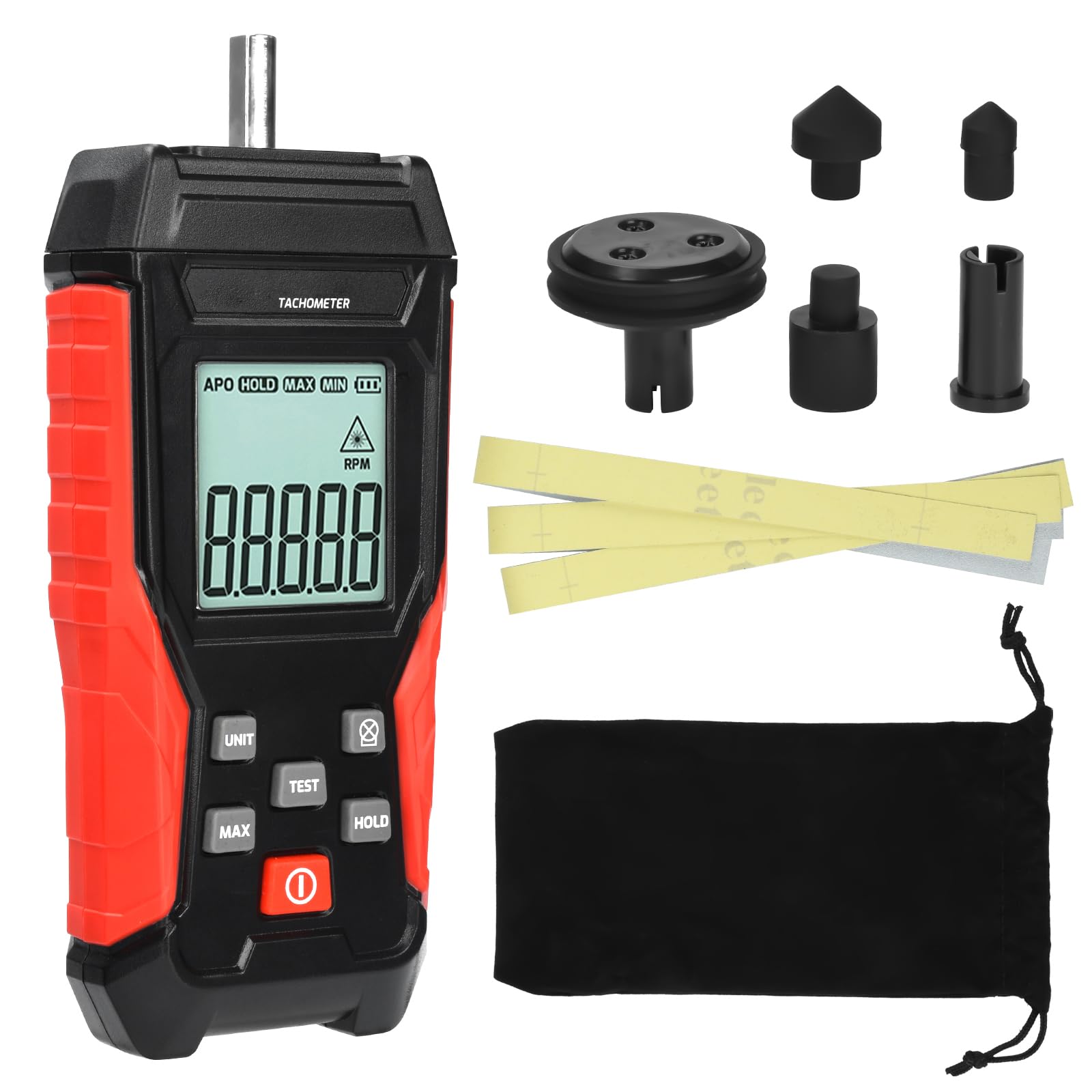 Compte-tours numérique, tachymètre 2 en 1 optique (3-99 999 tr/min) et contact (3-19 999 tr/min), distance de mesure 50-500 mm, réponse 0,8 s, max/min/moyenne pour voiture, industrie
