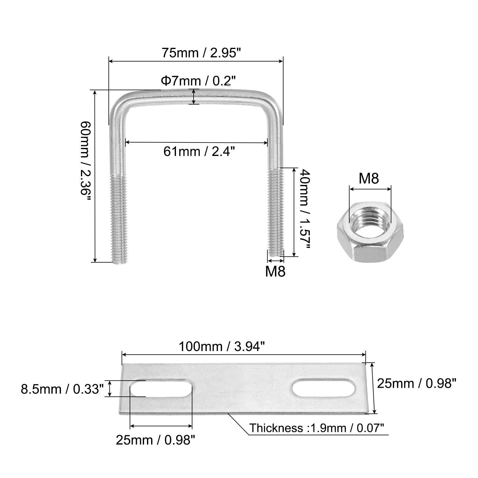 PATIKIL M8x60x60mm Square U-Bolts Kit - Image 2