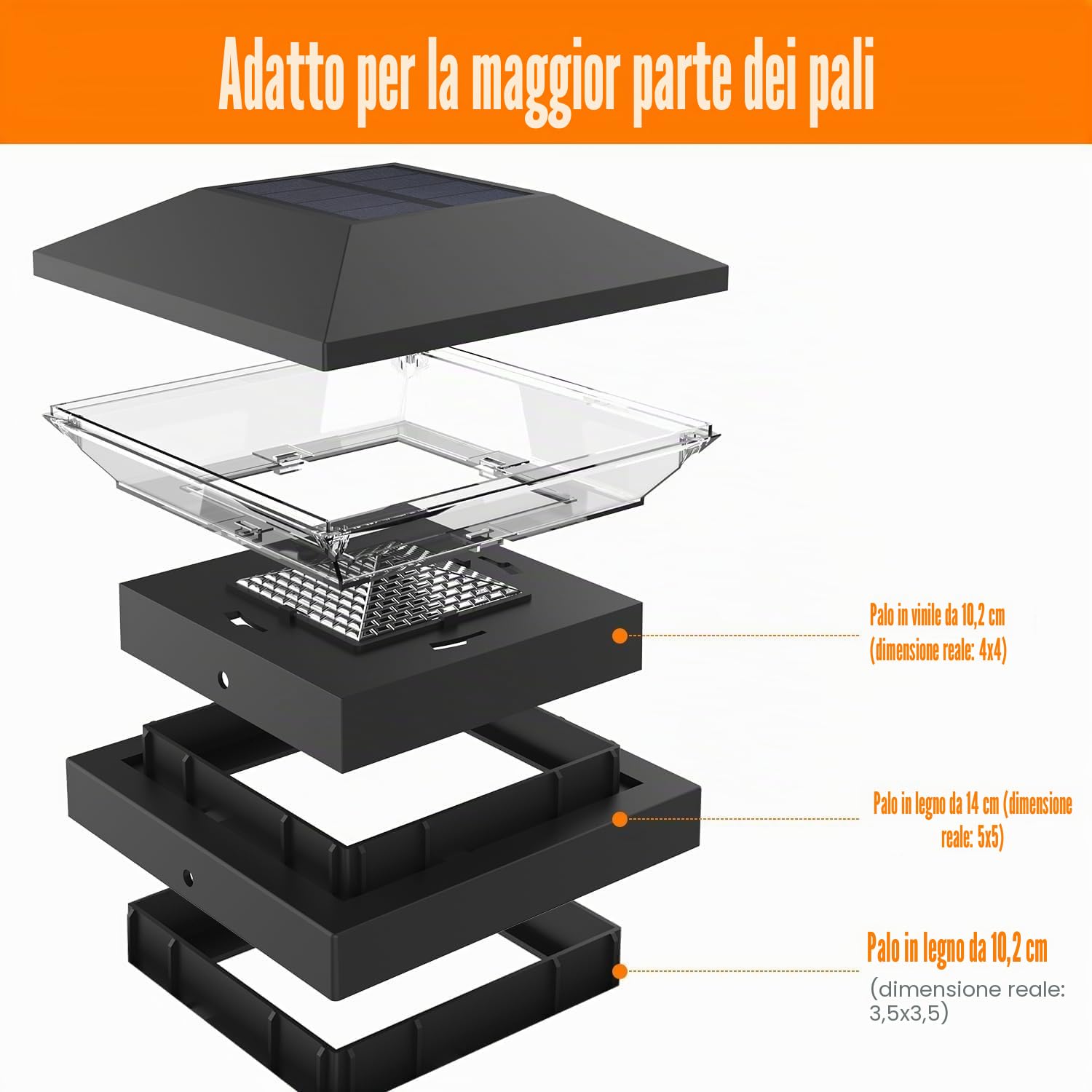 NATPOW Luce Solare Pilastro, 4 Pezzi 3000K/6000K Solare Pilastro Giardino, Auto ON/OFF Solari Esterno Giardino, IP65 Impermeabile per Patio Recinzione Pali