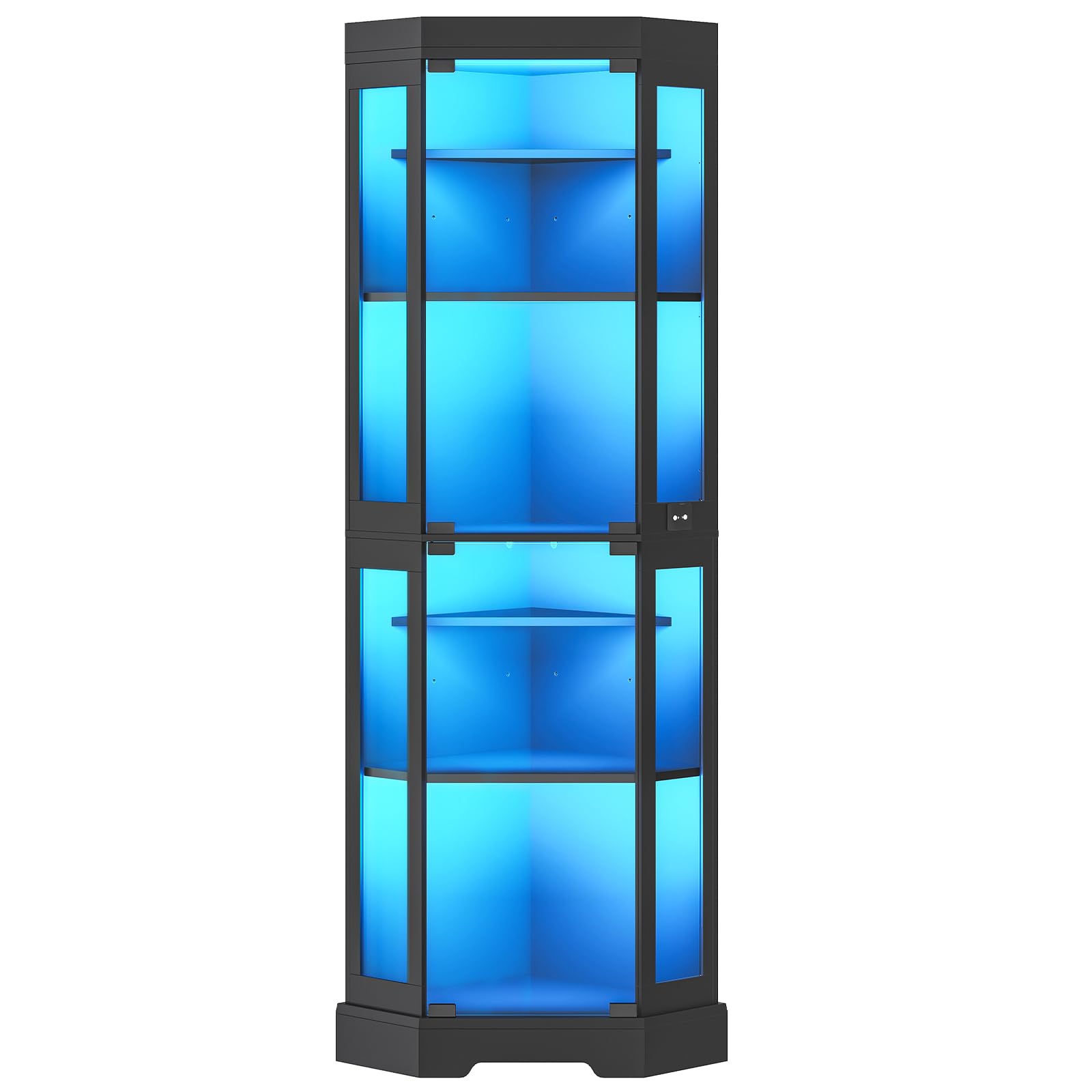 HOOBRO Corner Display Cabinet with Glass Doors, 171 cm Glass Display Cabinet with LED Lights, 6-Tier Curio Cabinets for Collectibles, Books, Modern Display Case Corner Bookcase, Black EBK02DDC01