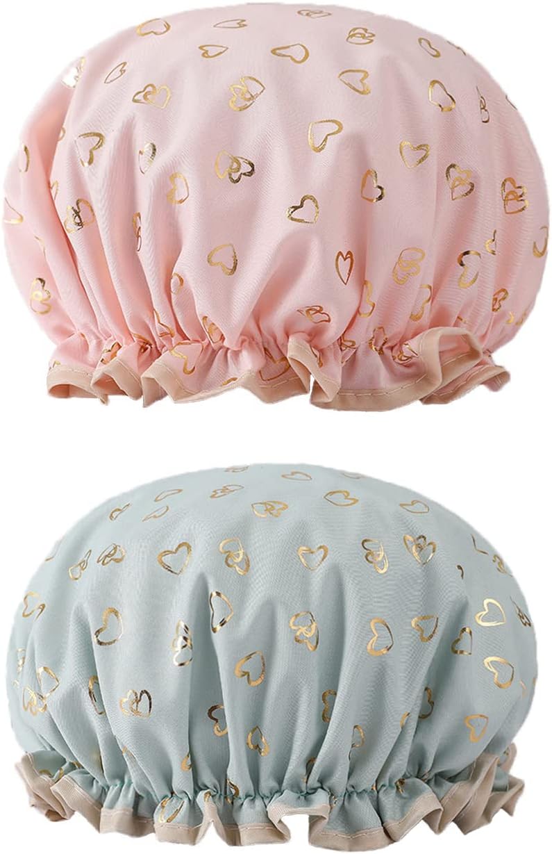 Yiapinn 2 Pcs Bath Caps Elastic Band Double Layers Waterproof Shower Caps With Ruffled Edge Covering Ears Keeping Hair Dry Kitchen Oil-proof Cap for Girls and Women