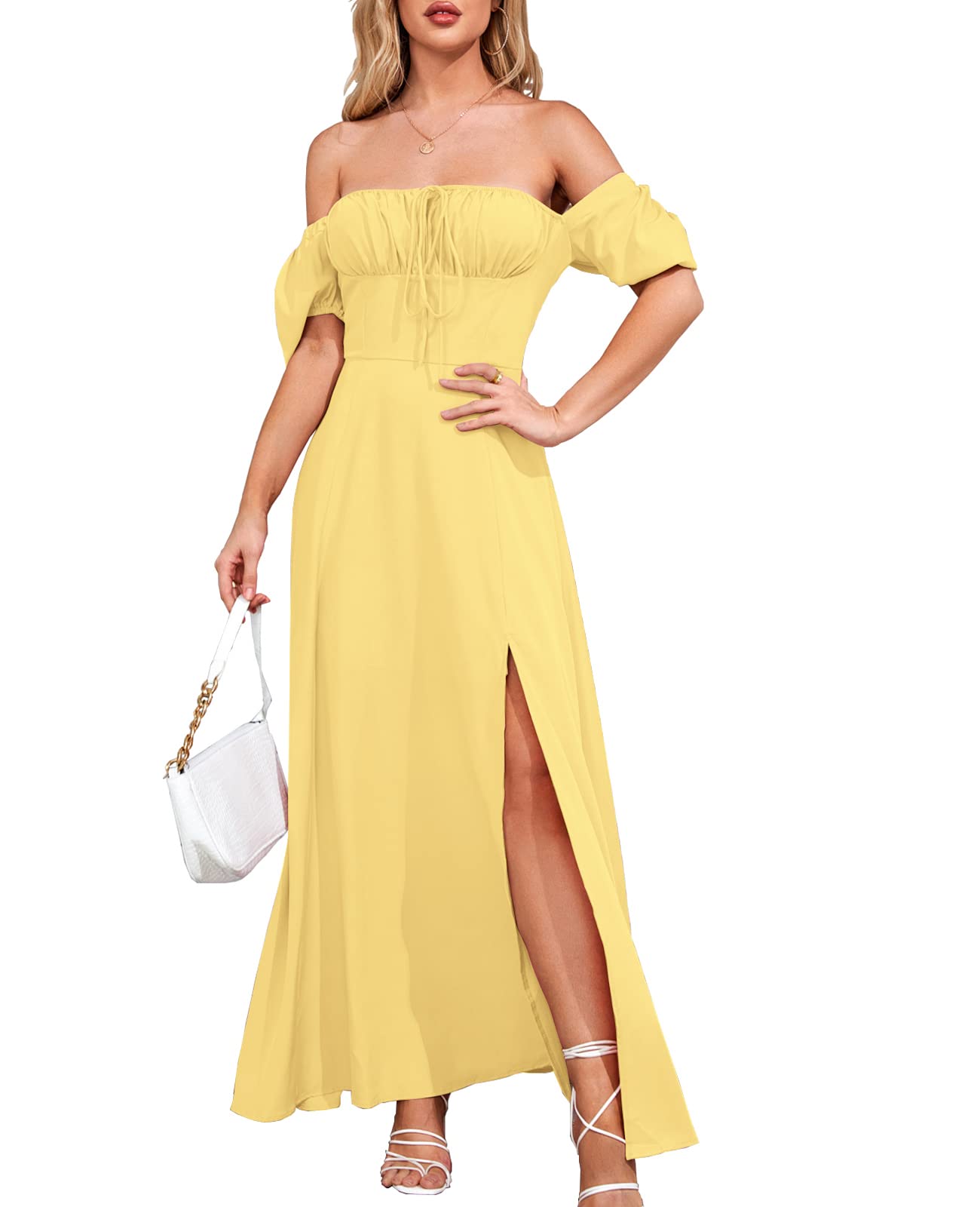 KUTUMAI Women Summer Puff Sleeve Off Shoulder Floral Flowy Long Maxi Dress