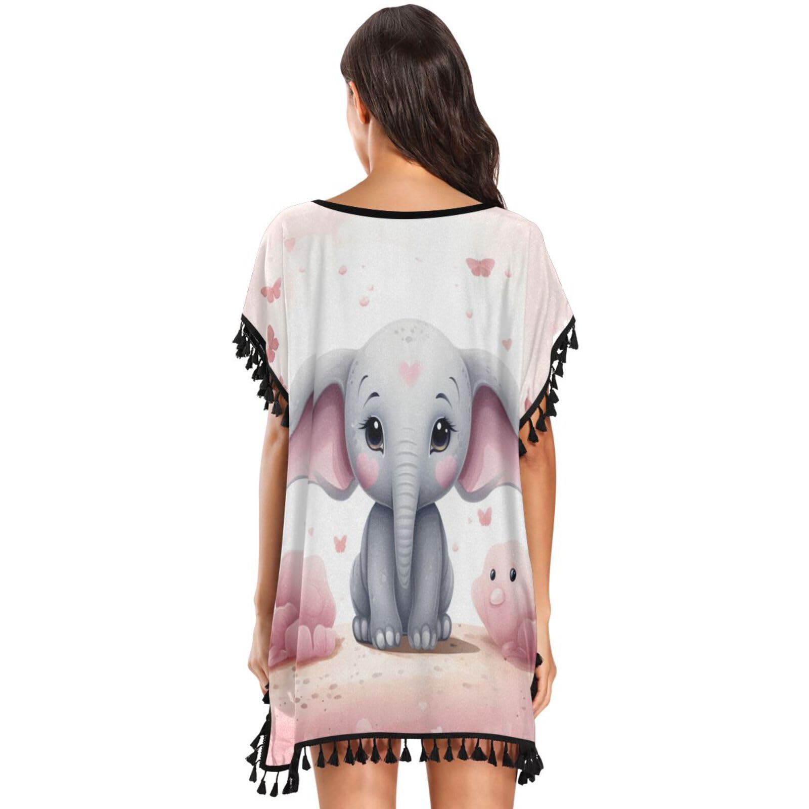 KAAVIYO Pink Cute Elephant Women's Beach Cover Up Chiffon Tassel Swimwear Swimsuit Coverups for Girl