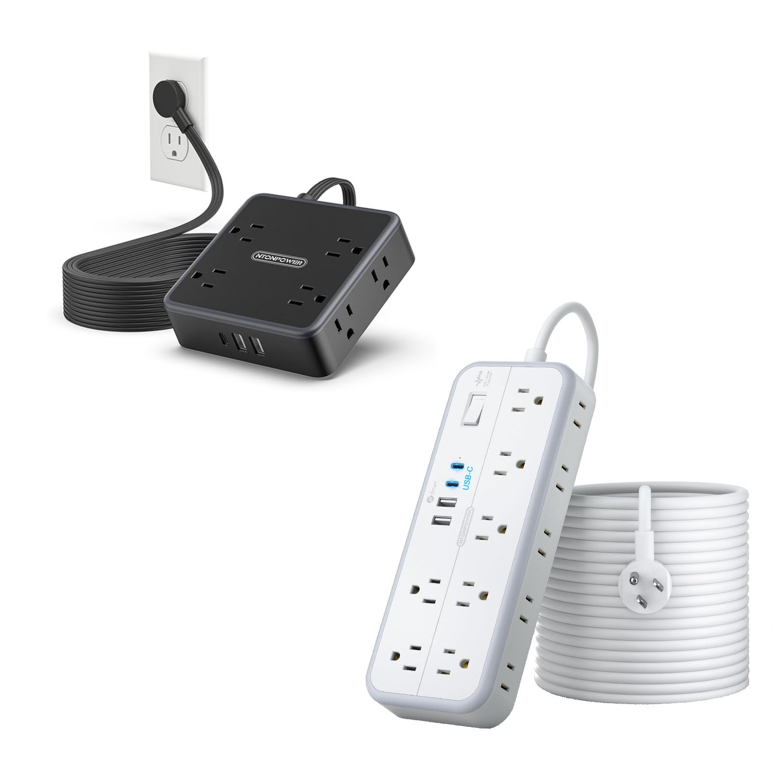 Two 25 FT 11-in-1 1080J & 18-in-1 2700J Extension Cord, 8 AC Outlet with 3 USB & 10 AC Outlet with 4 USB, Long Cord Surge Protector, Multiple Outlets for Home Office