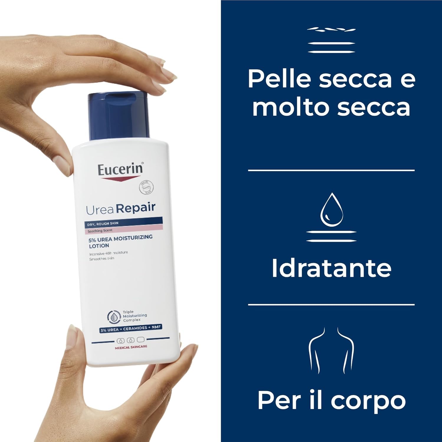 Eucerin Urea Repair Emulsione Idratante 5% Fragranza Lenitiva 400 ml, Crema idratante corpo 48h, Crema Urea al 5% e Ceramidi, Formula profumata per pelle secca e ruvida