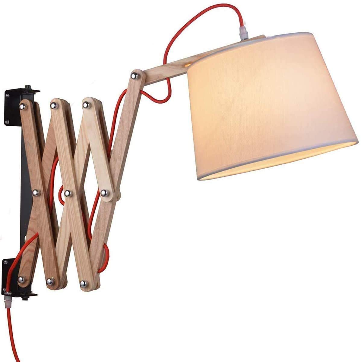 Wandlampen Innen Holz Wandlampe mit Schalter und 1,5m Netzkabel Vintage Scherenlampe Ausziehbar Nachttischlampe Flexible Leselampe Wandleuchte Schlafzimmer Bettlampe E27 Handgearbeitet Stoff Schirm