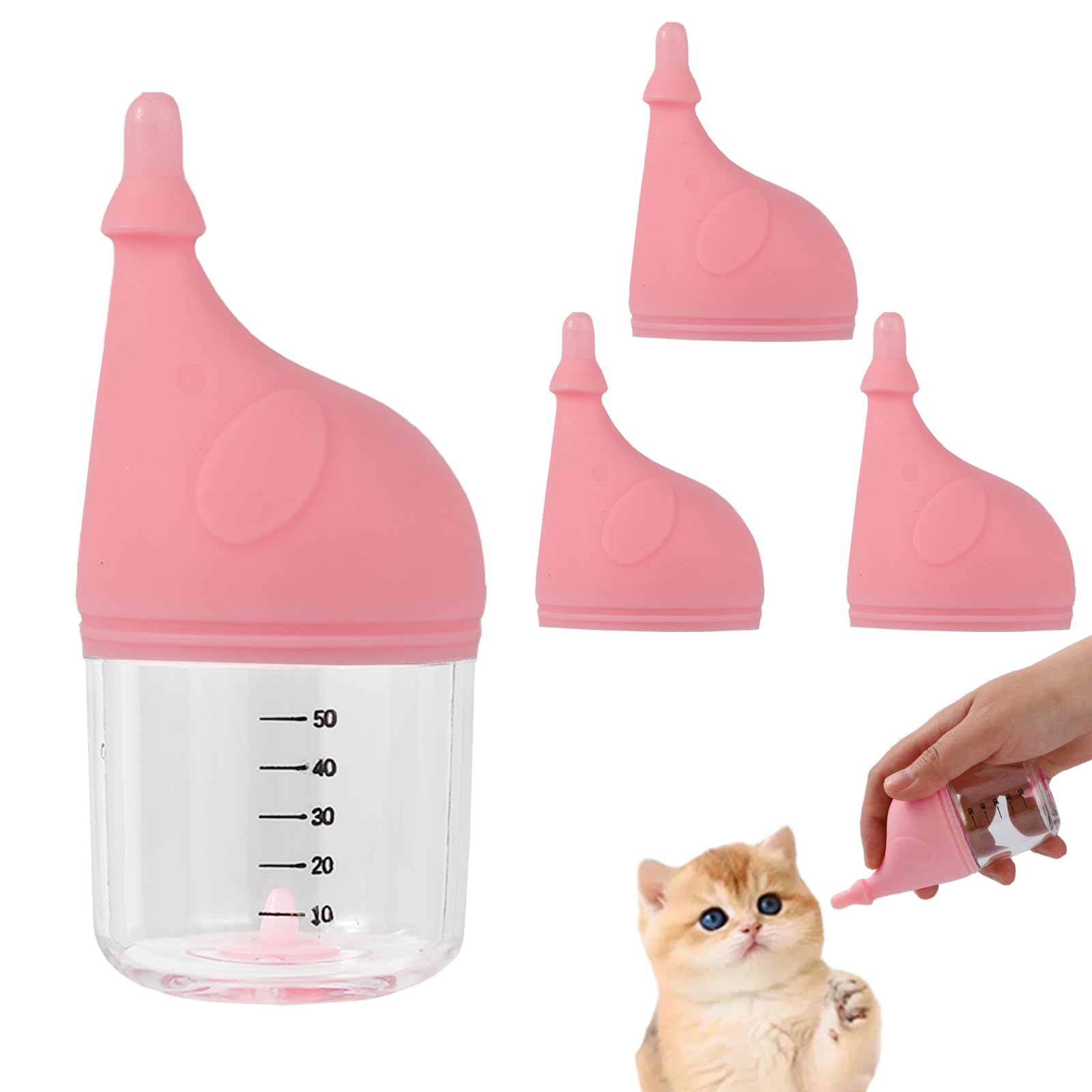 Kitten Bottle Feeding Kit for Nursing, Milk Bottles for Feeding Newborn Puppies,Anti-chocking Design with 3pcs Replaceable Nipples, Cute Elephant Shape for Nursing Small Animals Pets (Pink, 50ML)