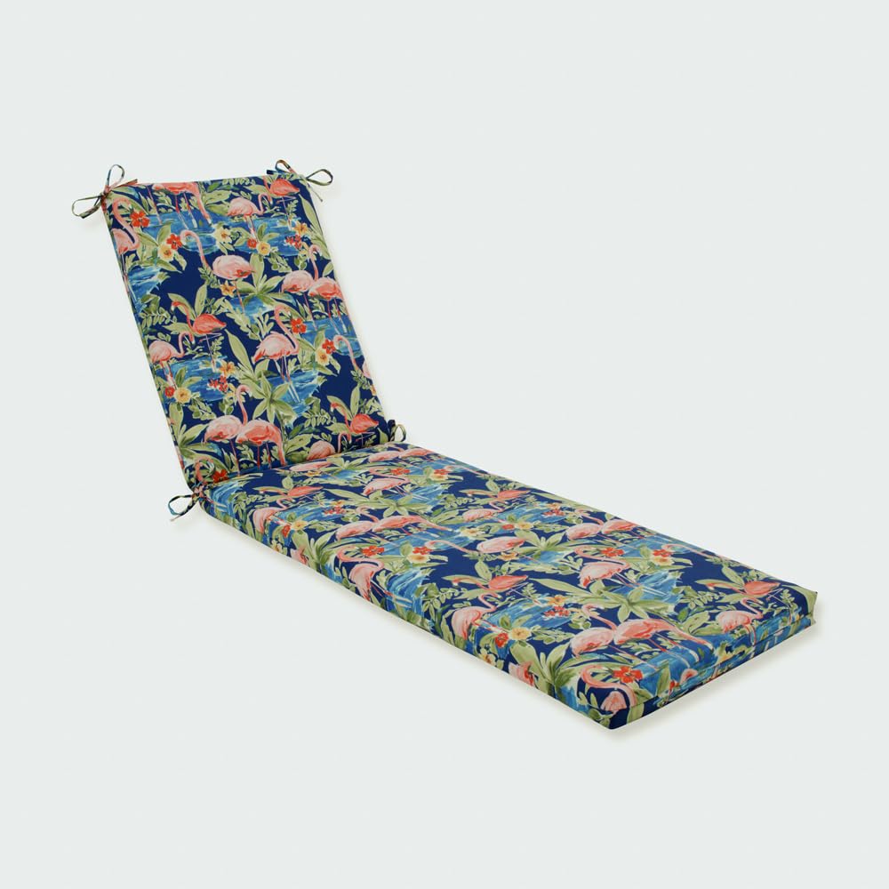 Pillow Perfect Tropic Floral Indoor/Outdoor Solid Back Chaise Lounge Cushion with Ties, Plush Fiber Fill, Weather, and Fade Resistant, 80" x 23", Blue/Green Flamingoin, 1 Count