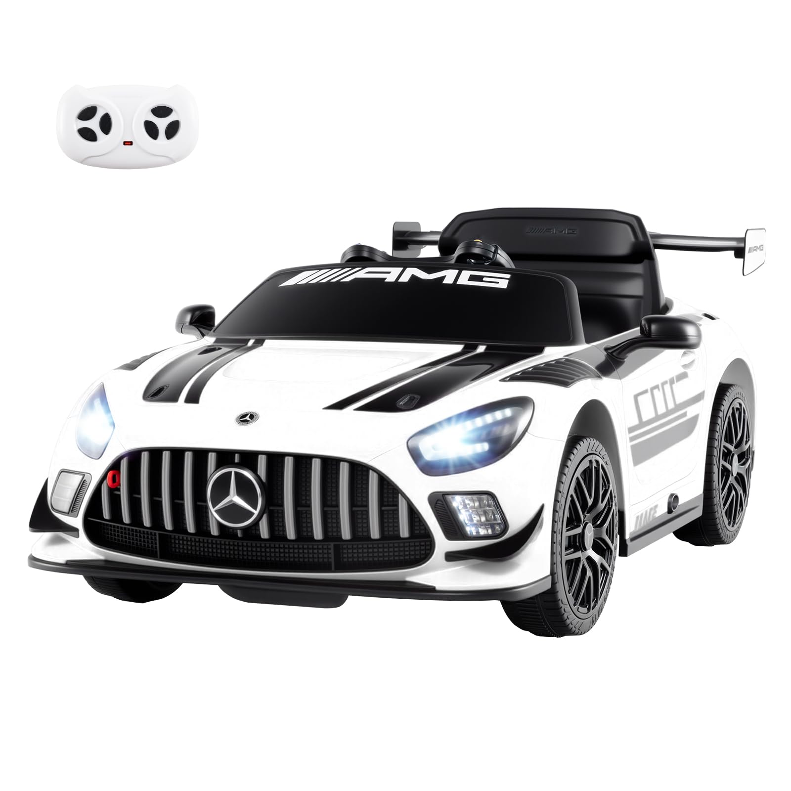 RELAX4LIFE Macchina Elettrica per Bambini 12V Mercedes-AMG GT3,con Telecomando, 2,5/3,5/4,5 km/h, Musica, Clacson, Luci LED, Cintura di Sicurezza Regolabile, Avviamento Lento,3 Anni+ (BIANCO)