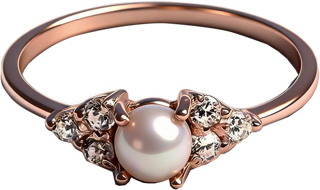 Elegant Artificial Pearl 6mm 14k Rose Gold Plated Tiny Pearl Ring for Women CZ Micro Pave Stackable Promise Band Eternity Wedding Engagement Anniversary Jewelry Gifts for Her Mom（Size 9）