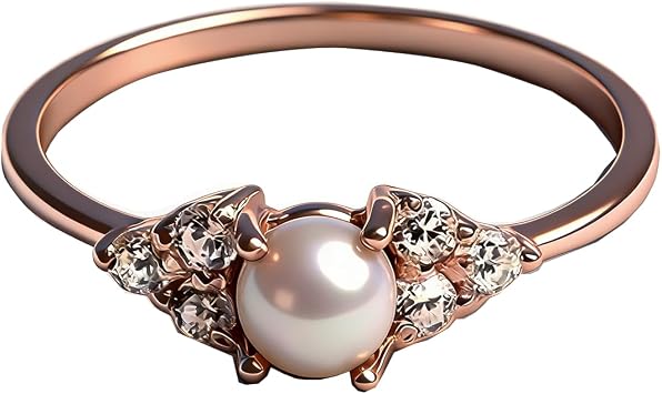 Elegant Artificial Pearl 6mm 14k Rose Gold Plated Tiny Pearl Ring for Women CZ Micro Pave Stackable Promise Band Eternity Wedding Engagement Anniversary Jewelry Gifts for Her MomSize 8