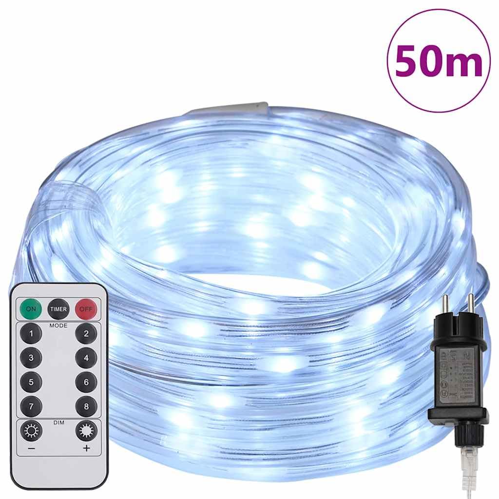 Cavo luminoso con 1200 LED, luce bianca fredda, 50 m, in PVC, flessibile, illuminazione esterna e interna, con telecomando, per giardino, balcone, terrazza, decorazione natalizia, dimmerabile
