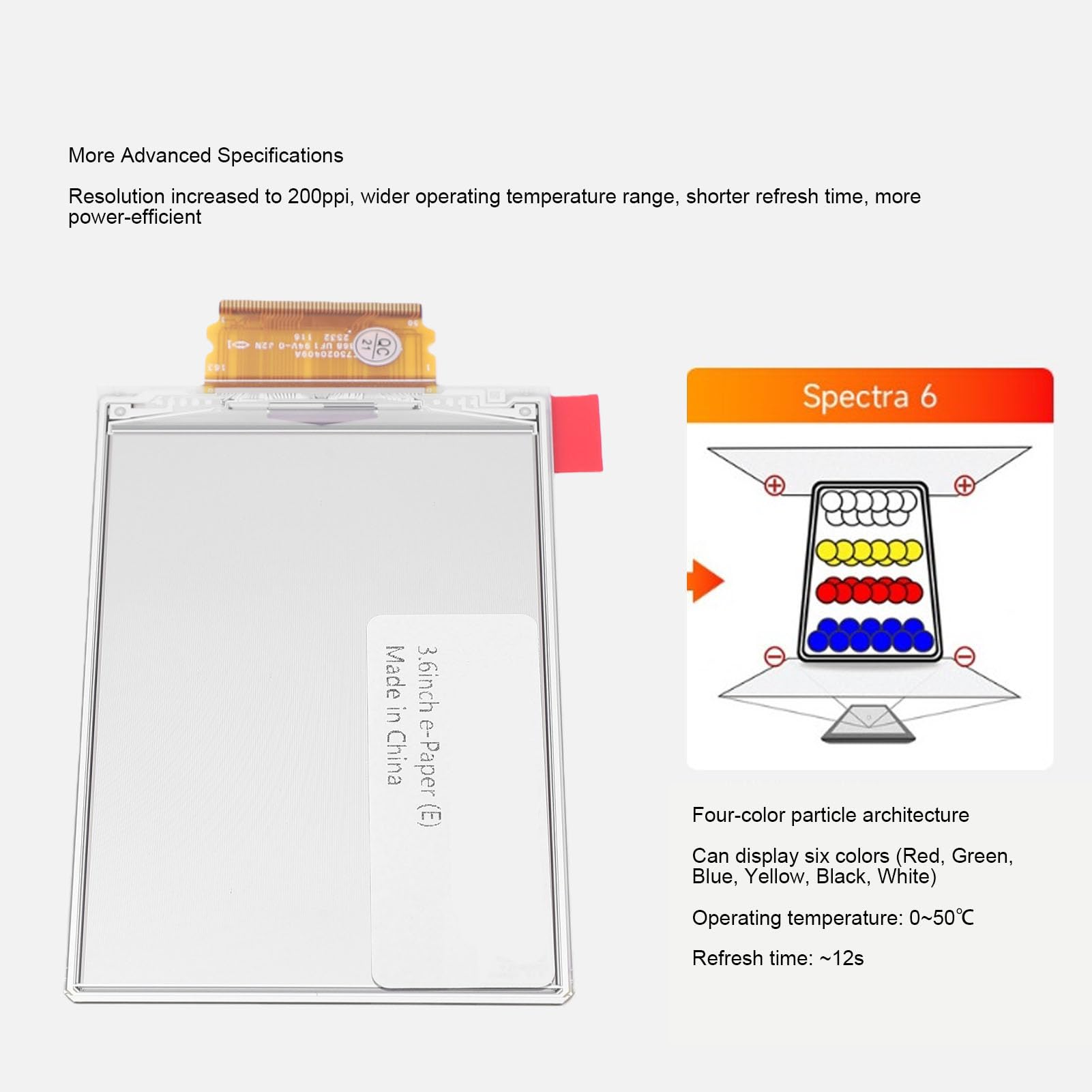 VBESTLIFE Pantalla de Papel Electrónico de 3,6 Pulgadas, Pantalla de Tinta Electrónica a Todo Color, Resolución de 600 X 400 Píxeles, Interfaz SPI de 3 y 4 Cables, para Proyectos de