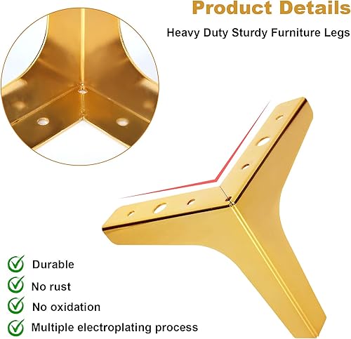 Miniatura 6 de MNKNENG Paquete de 8 patas de metal dorado para muebles, de 5 pulgadas, extensores de patas de sofá doradas, estilo moderno, resistente, repuesto
