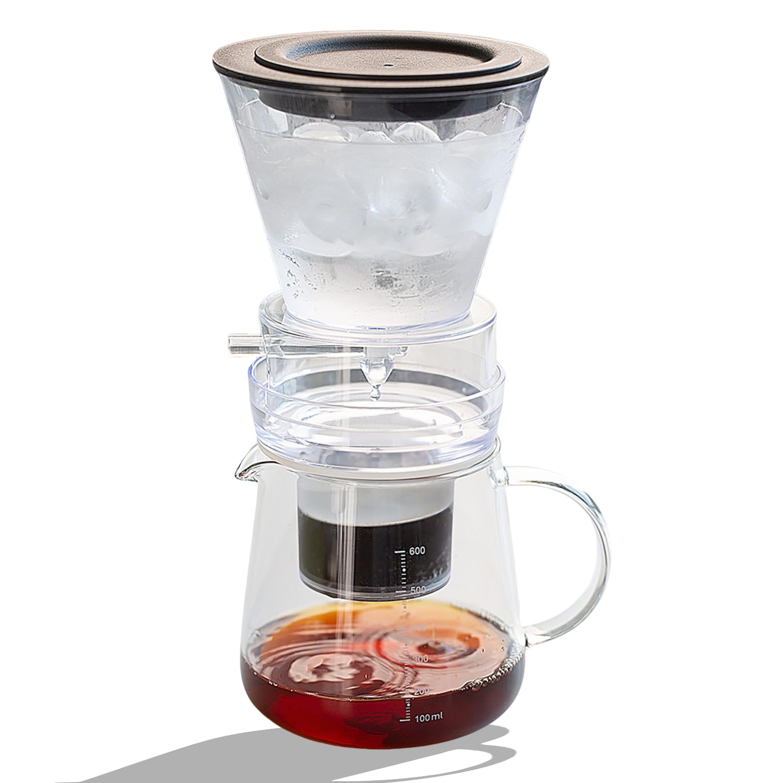 Cafetera de goteo frío, diseño desmontado de 600 ml, flujo de agua ajustable, prepara 1-3 tazas, ideal para el hogar y bares