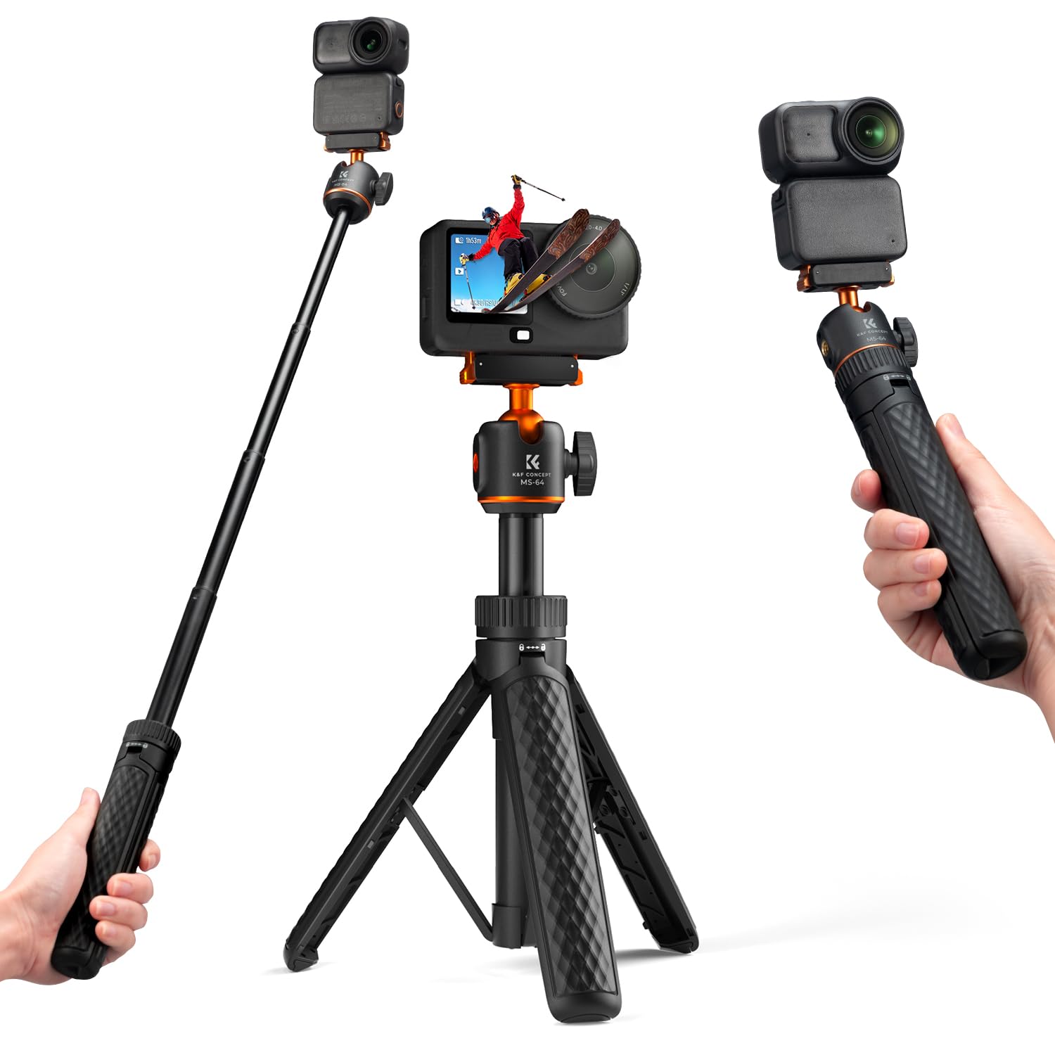 K&F CONCEPT 25.6"/65cm Magnetic Quick Release Tripod Compatible with DJI Osmo Nano/Osmo Action 6, 2-in-1 Extendable Handle with Extension Rod, 360° Ball Head Selfie Stick, Vlogging Stand/Accessories