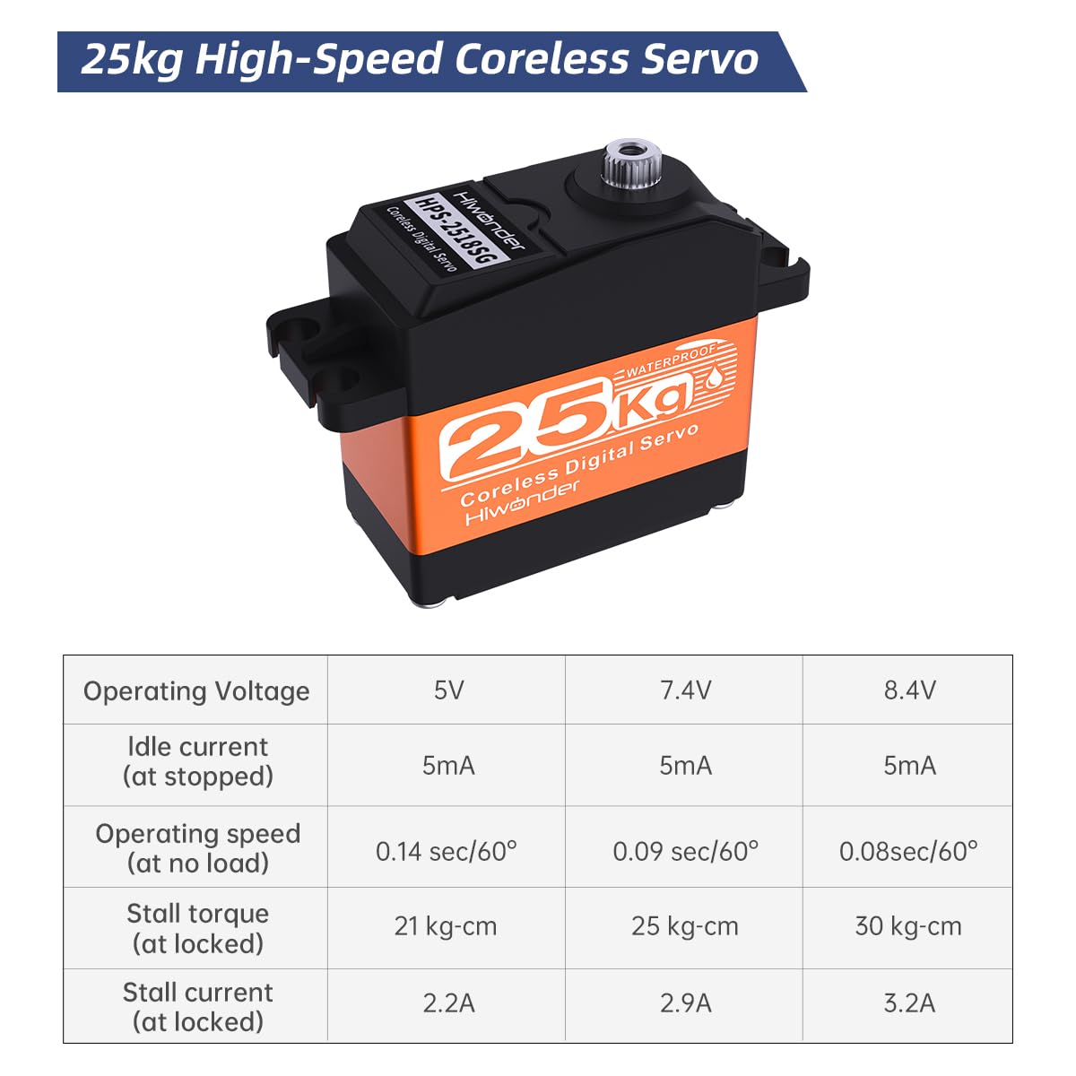 Servomotores RC Servo de alto par de torsión de 25 kg, servo de dirección de engranajes de metal completo impermeable para robot de coche RC de 1/6 1/8 1/10 1/12 bricolaje, servo sin núcleo con servo