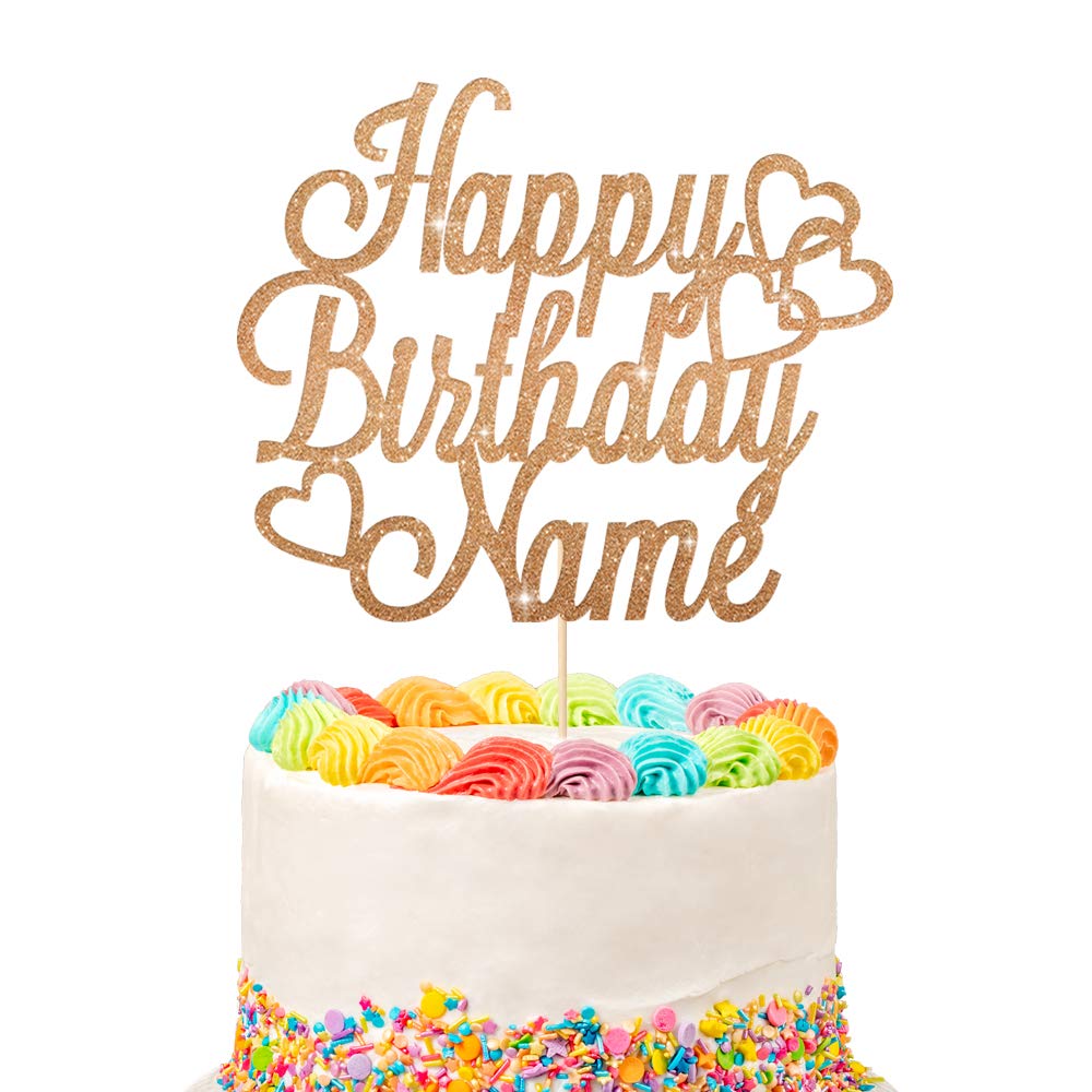 Personalised Happy Birthday Cake Topper | Customized Name Cake Decoration | Double Sided Glitter Card | Rose Gold