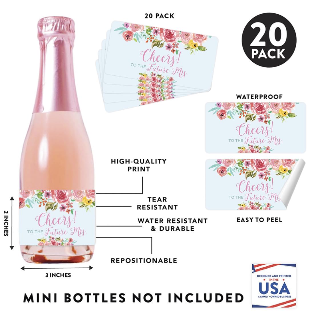 Andaz Press Bachelorette Mini Wine Labels for Bottles, Cheers! to The Future Mrs., Pink Roses English Tea Party 20-Pack Custom Mini Champagne Bottles Bulk Waterproof Mini Wine Bottle Labels