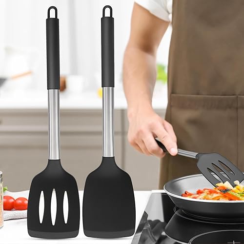 Juego de espátulas de silicona, resistente al calor, espátula sólida y ranurada para cocinar y hornear, kit de utensilios esenciales de cocina de 2