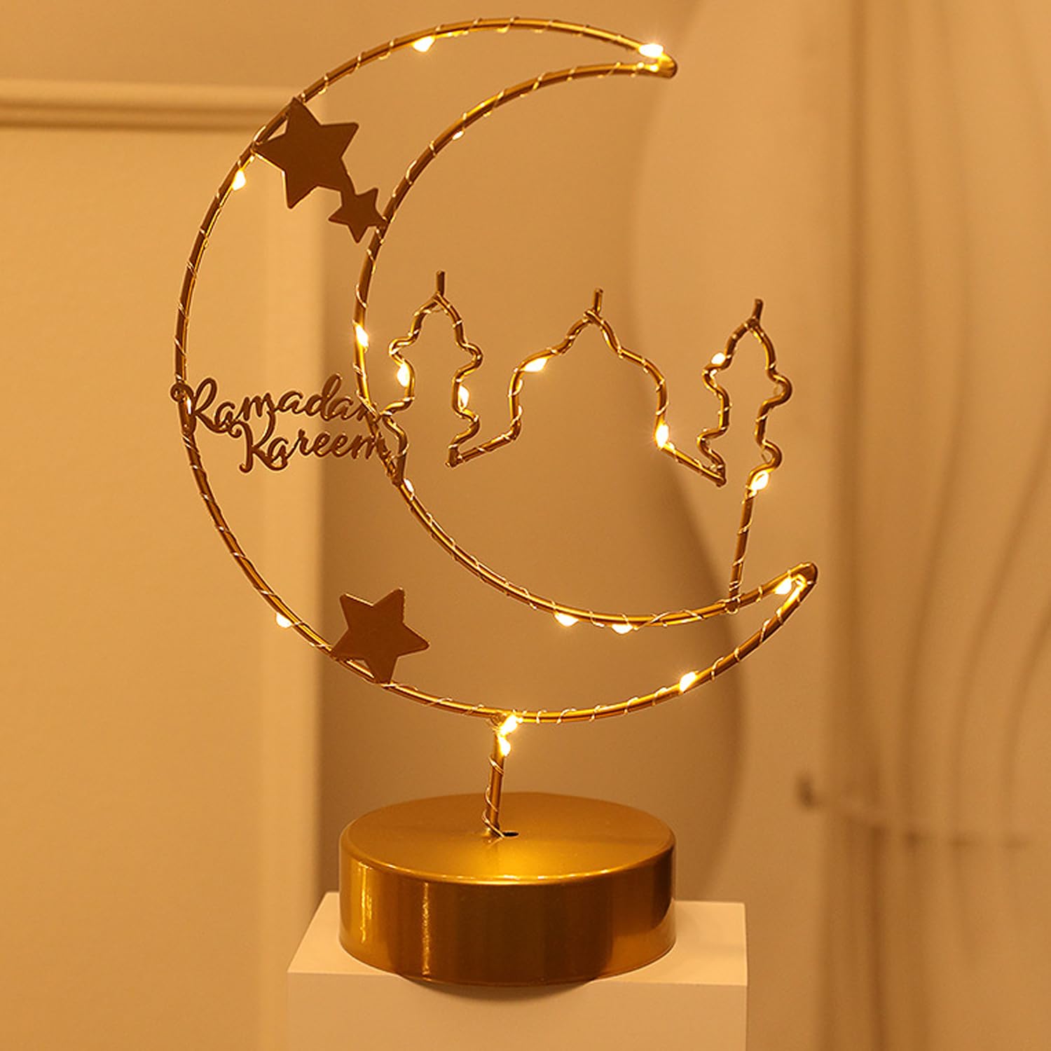KeqinRamadan and Eid Mubarak Decorations Light,Battery Powered Crescent Moon Table Lamp Bedside Desktop Warm White Nightstand Light for Living Room Bedroom(Iron Castle)
