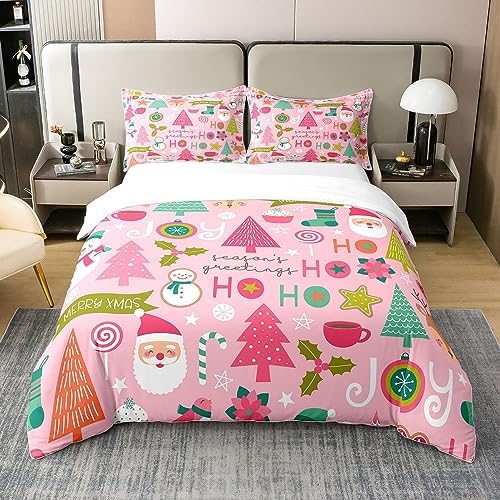 Pink Christmas 100% Cotton Duvet Cover Twin,Cartoon Santa Claus Bedding Set for Kids Boys Girls Women,Snowman Pine Comforter Cover Christmas Tree Cute Deer Quilt Cover Xmas Decor with 1 Pillowcase