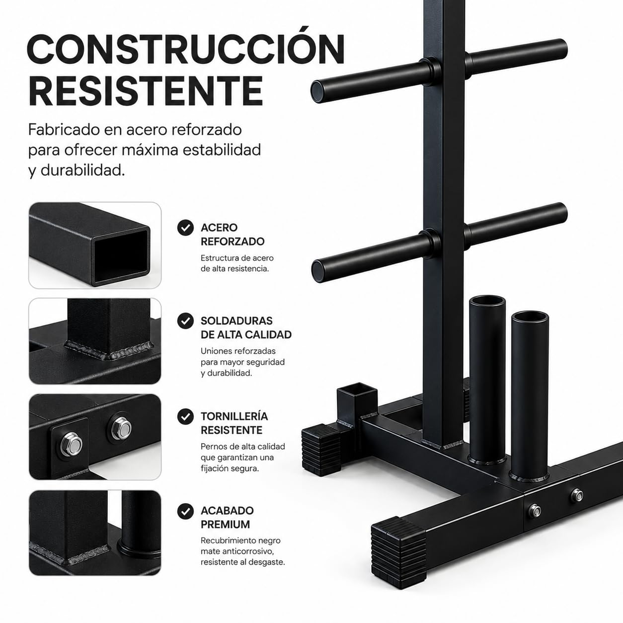 Rack para discos y barras ajustable 400 kg – Soporte para gimnasio en casa con 6 soportes para discos y 2 para barras olímpicas, acero reforzado, 113 × 69 × 61 cm