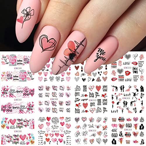 Heart Nail Art Stickers, Valentine's Day Nail Art Decals Love Nail Art Water Transfer Decals Heart Nail Supplies Romantic Miss You Letter Kiss Rose Flowers Design Nail Decorations For Woman Girls Kids #TOP16