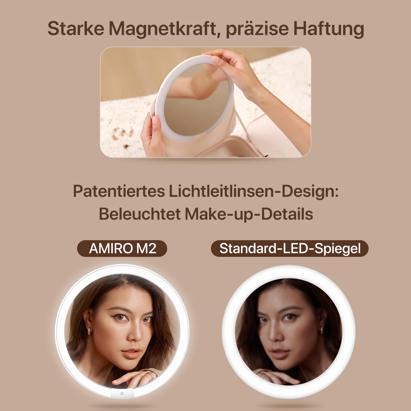 AMIRO M2 LumoCube Make-up-Spiegel mit Tasche, tragbarer LED-Make-up-Spiegel mit Lichtern, 5-stufige Helligkeit, 3-farbige Lichter, Reise-Make-up-Organizer, Rosa