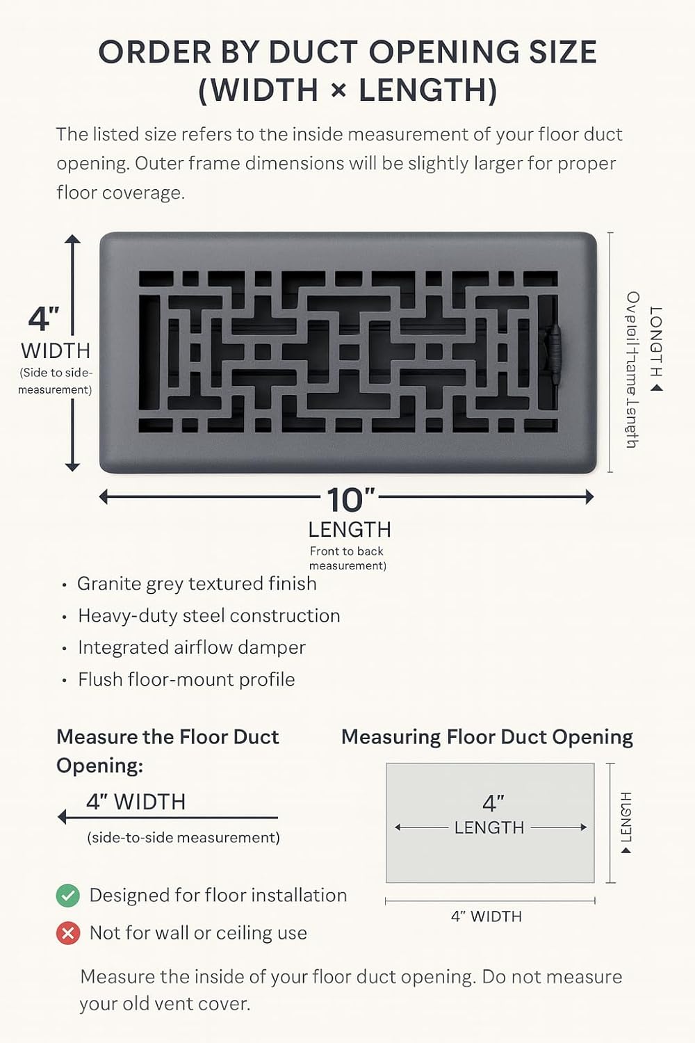 4" x 10" Oriental Floor Register in Granite Grey Finish Case of 5 - Vent Covers for Home Floor- Decorative Air Vent Covers- Floor Register 4” x 10” (Duct Opening) 5 Pcs