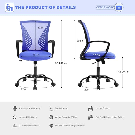 TTY Store Modern Office Chair, Mesh Back, Lumbar Support, Height Adjustable, Blue, 250 lbs Capacity