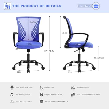 TTY Store Modern Office Chair, Mesh Back, Lumbar Support, Height Adjustable, Blue, 250 lbs Capacity