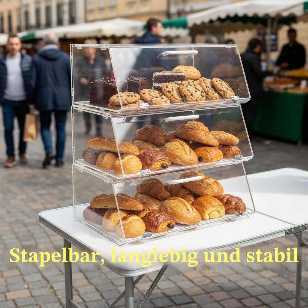 Stapelbare Bäckerei-Vitrine aus Acryl, für Gebäck, Arbeitsplatte, Organizer, Aufbewahrungsbehälter für Bagels, Brot, 38 x 16,5 x 30,5 cm, schräge Tür mit 2 Edelstahlscharnieren, LJ039K